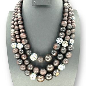 Triple Strands Wood Beads Necklace Mosaic Abalone Inlay Chips Dark Wooded Beads